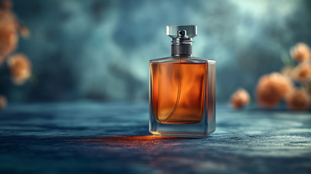 Dark blue perfume bottle with silver ring on a blue background with flowersの素材