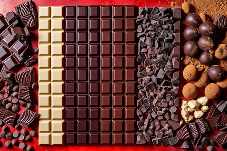 Various chocolates on a red backgroundの素材