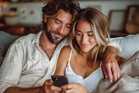 Beautiful couple using cell phone togetherの素材
