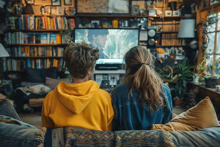 Teenagers watching a TV show at home in a living roomの素材