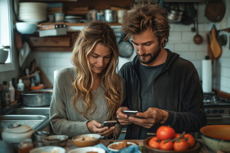 Couple using phones during meal preparationの素材