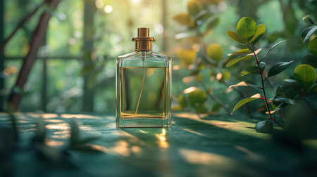 Perfume bottle on a green background with branches of plantsの素材