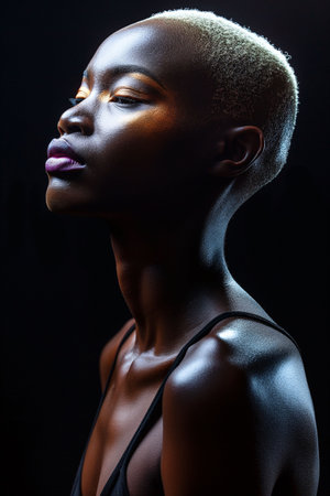 Profile of a beautiful model with purple lipstick and short blonde hairの素材