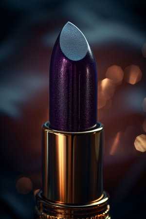 Studio shot of a purple lipstick in a golden tubeの素材