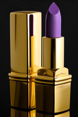 Studio shot of a violet lipstick in a golden tubeの素材
