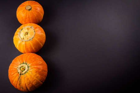 Orange pumpkins close-up on a dark background with darkening along the edges, natural texture