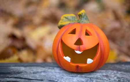 Cheerful pumpkin on a wooden board on an autumn background. Halloweenの写真素材