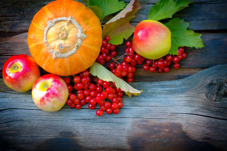 Orange pumpkin with red apples and berries of potassium close-up on a wooden background, Thanksgiving Day.の写真素材