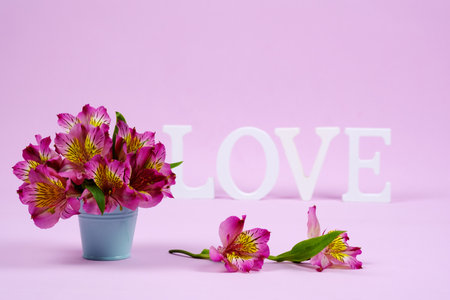 St.Valentines card. Purple alstroemerias in the foreground and the word love in the background. Copy space for your text, pink backgroundの写真素材