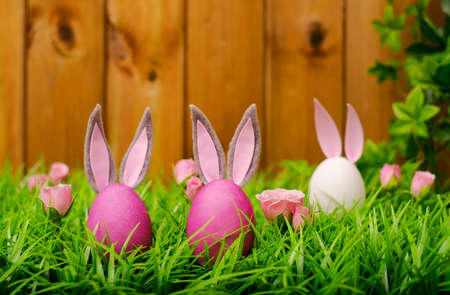Easter eggs in meadow grass on a wooden background. Easter eggs in the form of a rabbit