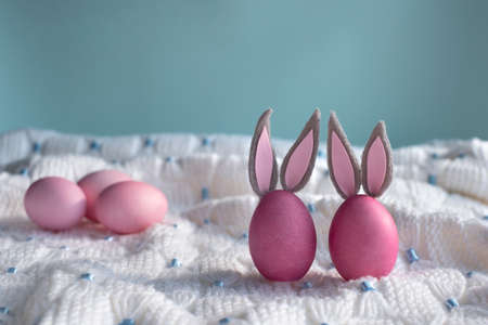 Two pink Easter eggs with bunny ears close-up on a white knitted plaid and blue background. Happy Easterの写真素材