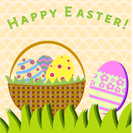Greeting card with Easter eggs in a basket vectorのイラスト素材