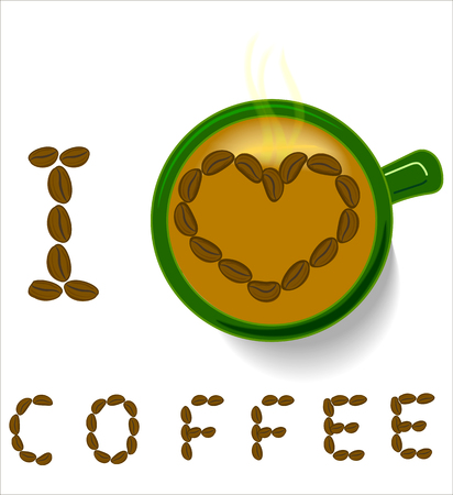Coffee time. Coffee mug and the words I love coffee written with coffee beans.のイラスト素材
