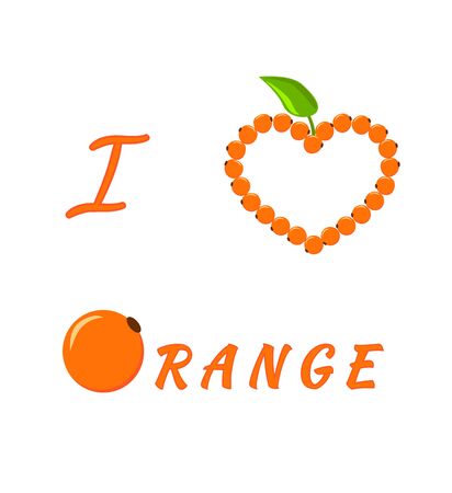 Design for a card I Love Orange. Heart of oranges and green leaf. The stylized word Orange. Vectorのイラスト素材