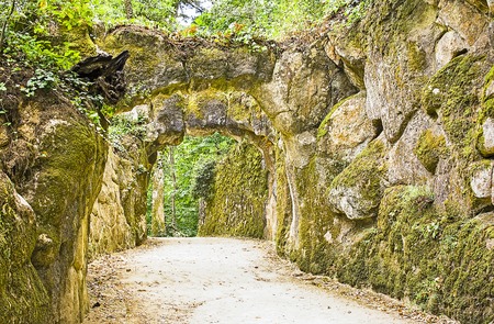 Gallery of stone arches. Park QUINTA da Regaleira, Portugal, Sintra
