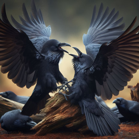 Two black crows are fighting, spreading their wings, on a wooden stump, watched by othersの素材