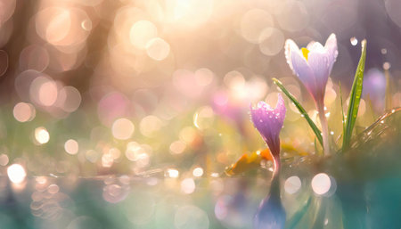 Glistening dew on vibrant crocuses bathed in soft sunlight and bokeh highlightsの素材