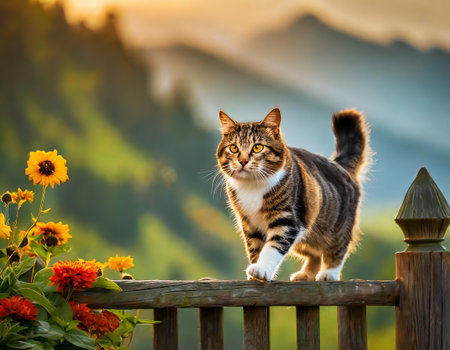 Tabby cat walks on a wooden fence amid vibrant flowersの素材