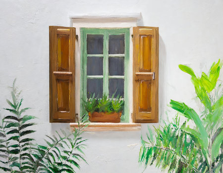 Whimsical window with green shutters and flowers on the windowsill. painted textureの素材