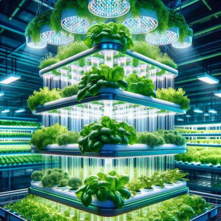 Stacked hydroponic shelves with diverse herbs and leafy greens, bathed in artificial lighting. Green technology.の素材