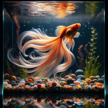 A vibrant goldfish with flowing fins glides in aquariumの素材