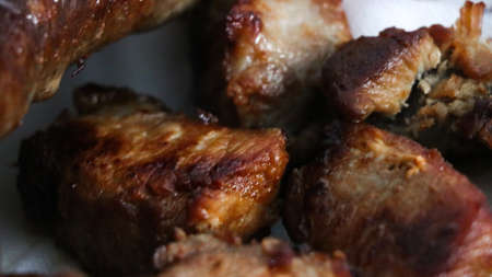 Pork meat tasty fried on plateの写真素材