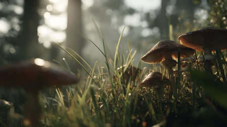 Low-angle shot of mushrooms growing in grass during early morning light.の素材