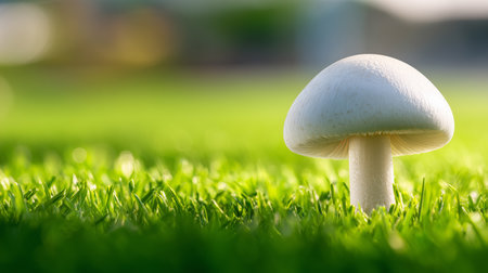 A small, delicate white mushroom rises from lush green grass, bathed in soft light.の素材