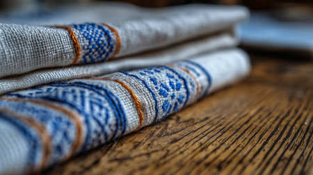 A close-up of a folded linen cloth featuring blue embroidery and orange accents resting on a rustic wooden table.の素材