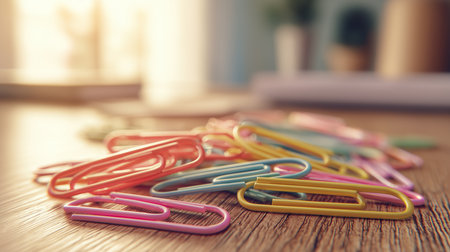 A heap of bright, multicolored paperclips lies scattered on a warm wooden desk, bathed in soft sunlight.の素材