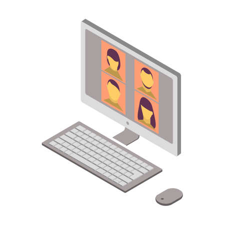 Isometric videoconference icon.Isometric workplace vector illustration isolated on white background.のイラスト素材