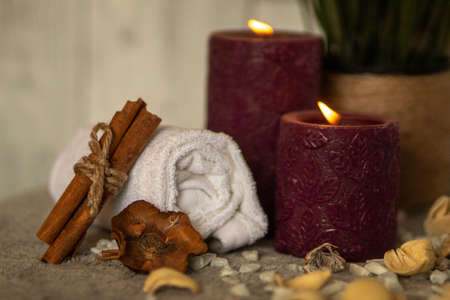 The spa essentials for aromatherapy including towel and natural oilの写真素材