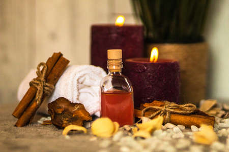 The spa essentials for aromatherapy including towel and natural oilの写真素材
