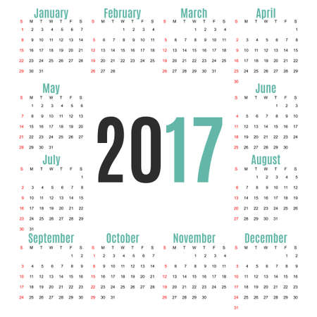Calendar for 2017 Year on white Background. Week Starts Monday. Simple Vector Template. Stationery Design Templateのイラスト素材