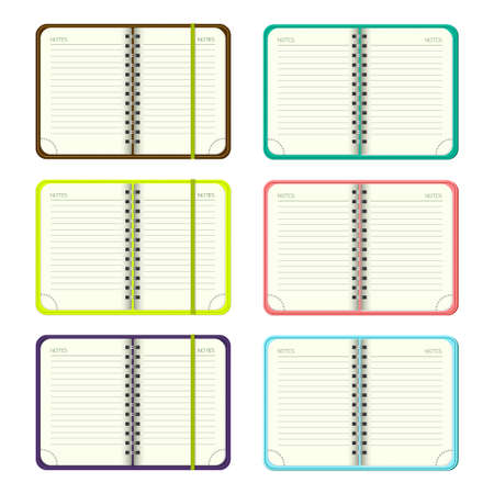 Set of Template Open a blank notepad. Vector personal organizer with a green cover and bookmark. Isolated on white background.のイラスト素材