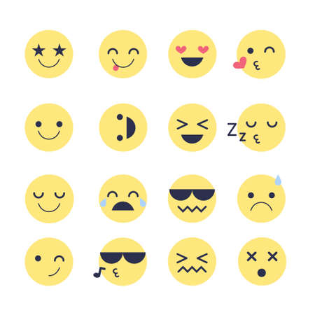 Set Emoji icons for applications and chat. Emoticons with different emotions isolated on white background. Large collection of yellow smiles.のイラスト素材