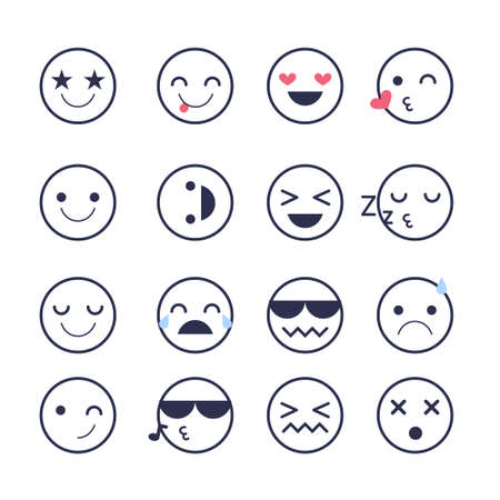 Set Emoji icons for applications and chat. Emoticons with different emotions isolated on white background. Large collection of outline smiles.のイラスト素材