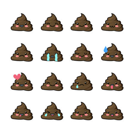 Set of cute kawaii badge. A collection of funny poop-Emoji. Stickers (badges) pack for a chat. Emoticons, vector illustration.のイラスト素材