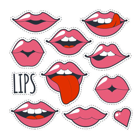 Set glamorous quirky icons. Vector illustration. Bright pink makeup kiss mark. Passionate lips in cartoon style of the 80's and 90's isolated on white background. Fashion patch badges with lips.のイラスト素材