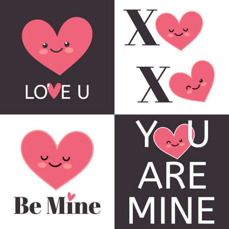 Happy Valentines Day greating card set. Inscription I love you, Be mine, Xo-Xo, You Are Mine. Vector illustration for Happy valentines day and weeding design project.のイラスト素材