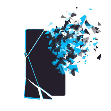 Cracked phone screen shatters into pieces. Broken smartphone split by the explosion. Modern gadget needs to be repaired. Display of the phone shattered.のイラスト素材