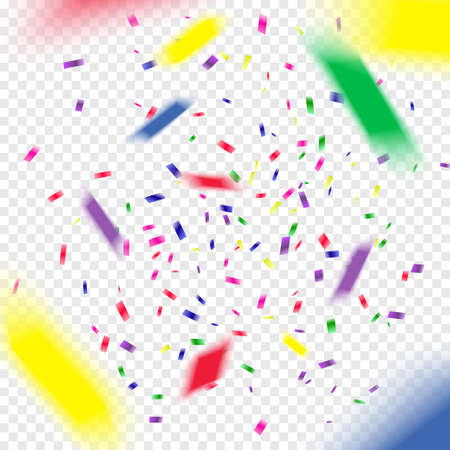 Multicolored paper 3d confetti on transparent background. Realistic holiday decorations flying. Empty space for text. Background for holiday cards, greetings.のイラスト素材