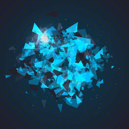 Abstract triangles particles with transparent shadows. Explosion cloud of black and blue pieces on dark space background. Advertisement panel, infographic background, item showcase concept.のイラスト素材