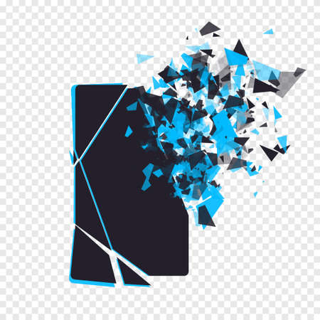 Cracked phone screen shatters into pieces. Broken smartphone split by the explosion on transparent background. Modern gadget needs to be repaired. Display of the phone shattered.のイラスト素材