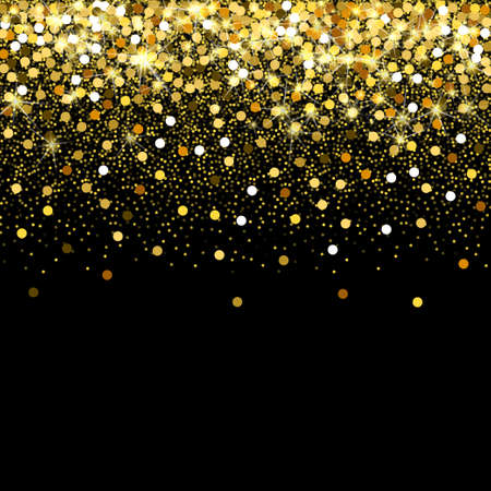 Falling golden particles on a black background. Scattered golden confetti. Bright shining gold. Rich luxury fashion glitter backdrop. Gold round dots.のイラスト素材