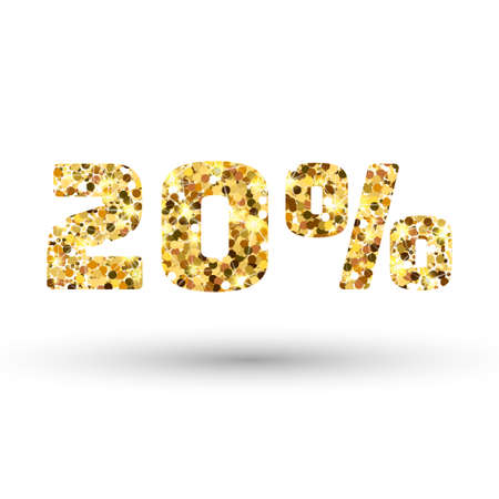 Gold 20 percent on white background. Twenty percent golden glitter. Amber particles gold confetti number.のイラスト素材