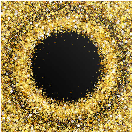 Gold glitter frame with empty space for text. Scattered golden confetti border on transparent background. Bright shining gold. Rich luxury fashion glitter backdrop. Golden round dots.のイラスト素材