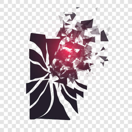 Cracked phone screen shatters into pieces. Broken smartphone split by the explosion on transparent background. Modern gadget needs to be repaired. Display of the phone shattered.のイラスト素材