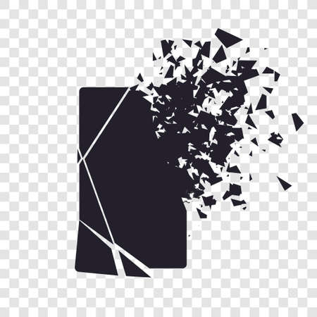 Cracked phone screen shatters into pieces. Broken smartphone split by the explosion on transparent background. Modern gadget needs to be repaired. Display of the phone shattered.のイラスト素材