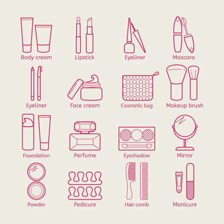 Vector cosmetic icons. Mascara, lipstick, powder, eye shadow, perfume, cream, foundation, eyeliner, mirror, hair comb and other make-up items. Makeup thin linear signs for manicure, pedicure and Visage.のイラスト素材